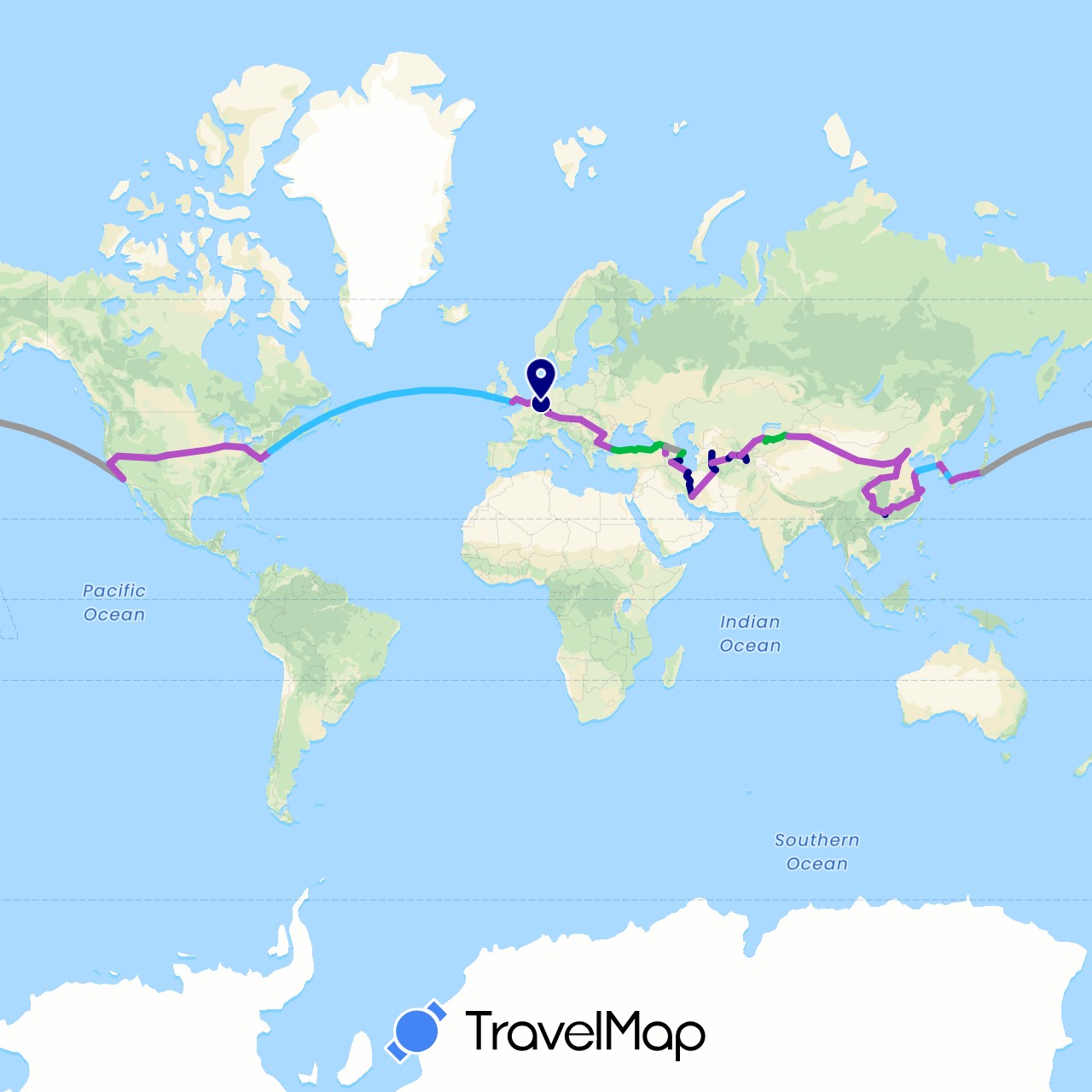 TravelMap itinerary: driving, bus, plane, train, boat in Armenia, Austria, Azerbaijan, Belgium, Bulgaria, China, Germany, France, United Kingdom, Georgia, Hungary, Iran, Japan, Kyrgyzstan, South Korea, Kazakhstan, Romania, Tajikistan, Turkmenistan, Turkey, United States, Uzbekistan (Asia, Europe, North America)
